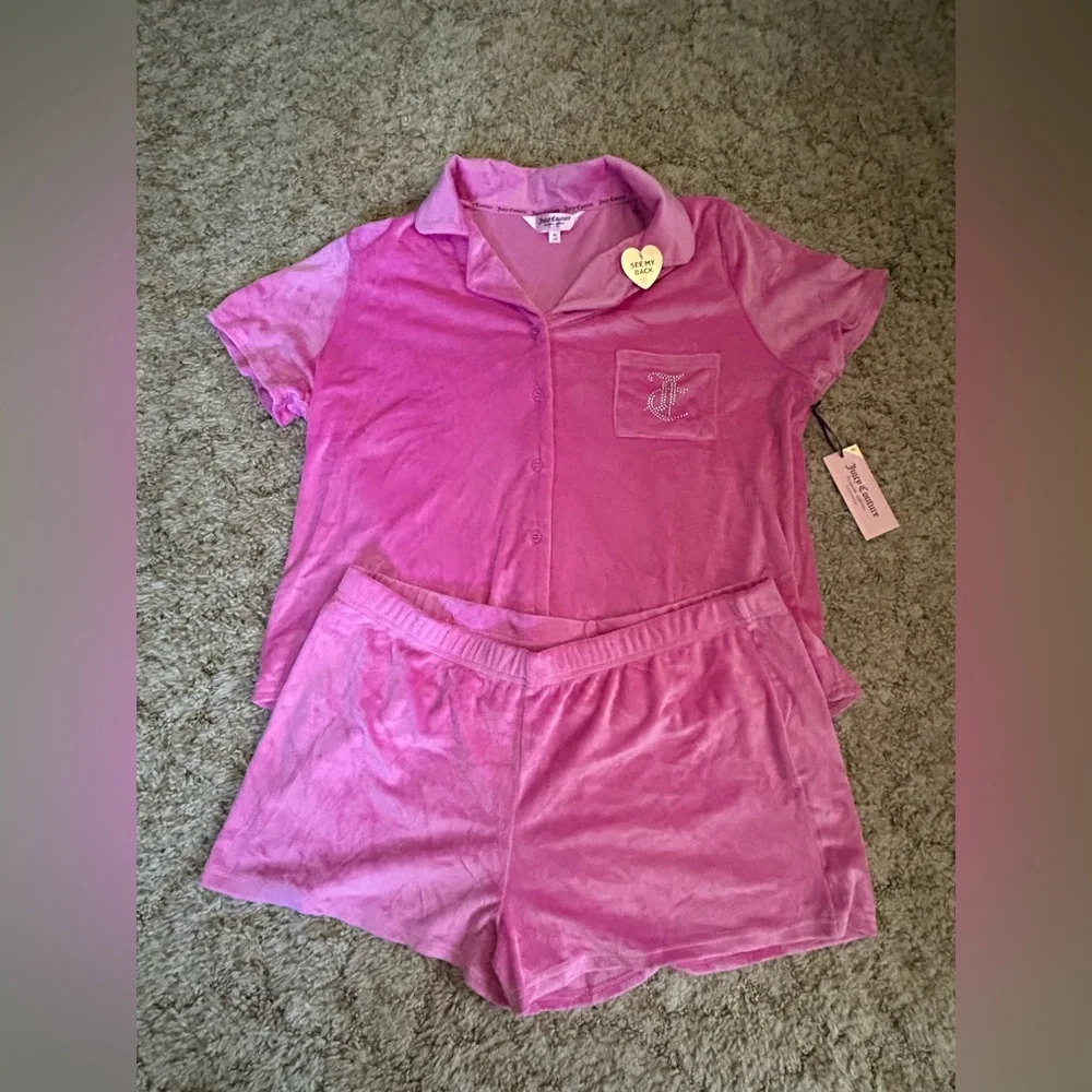 Juicy Couture Hot Pink Velour Rhinestone Pajamas Sleep Set - Picture 1 of 4